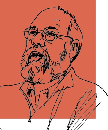 A line drawing of Professor Michael Graetz on an orange background