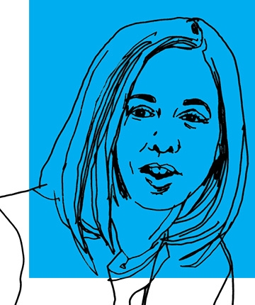Line art drawing of Professor Kathryn Judge on a blue background