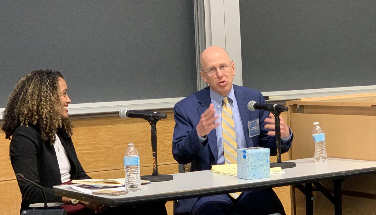 Judge Leo T. Sorokin ’'91 and Alexis Hoag, practitioner-in-residence at the Eric H. Holder Jr. Initiative for Civil and Political Rights, discuss restorative justice.