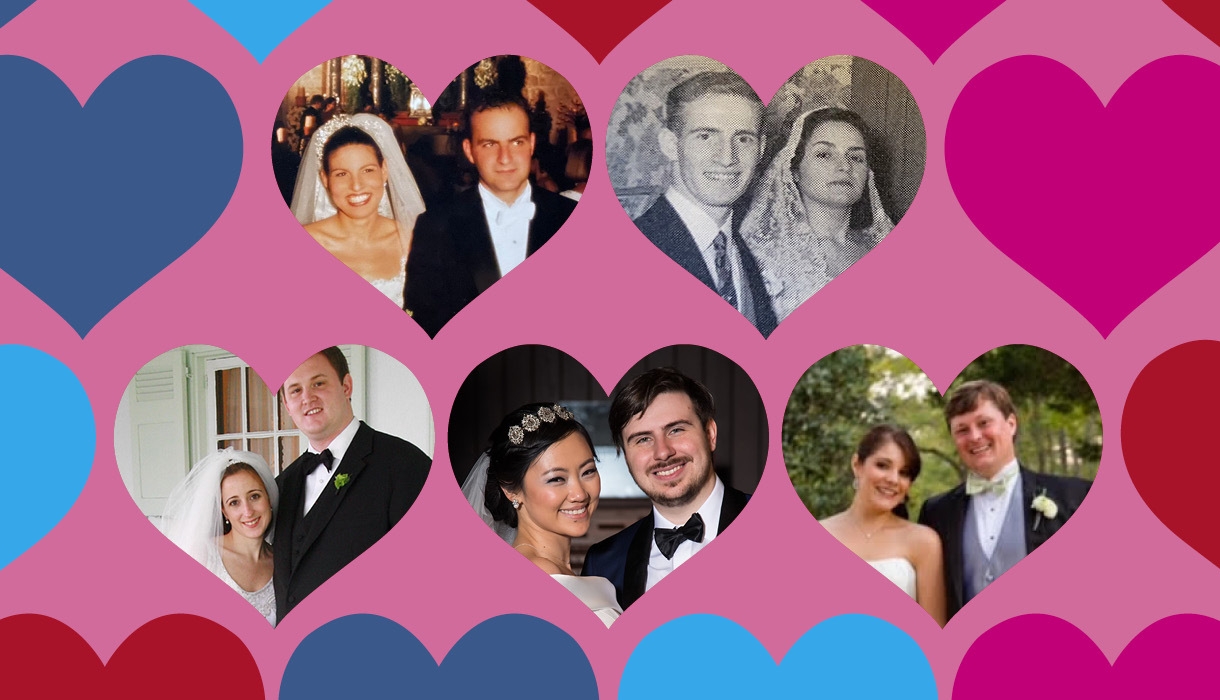 Pictures of five couples on colorful hearts background