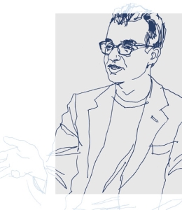 Illustration of Professor Madhav Khosla, in glasses and blazer