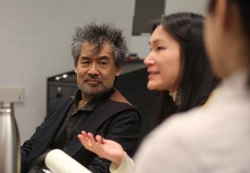 Playwright David Henry Hwang and novelist Anelise Chen speaking to the Asian American History and the Law reading group