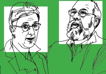 Line art drawing of professors Katharina Pistor and Michael Graetz on a green background