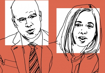 Line art drawing of Kathryn Judge and Peter Conti-Brown