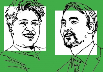 Line art drawing of professors Lynnise Pantin and Tim Wu on a green background