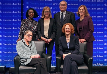 (First row) Justice Ginsburg and Dean Gillian Lester; (second row) Professor Olatunde Johnson, Professor Gillian Metzger, Lee Gelernt ’88, and Nancy Northup ’88 
