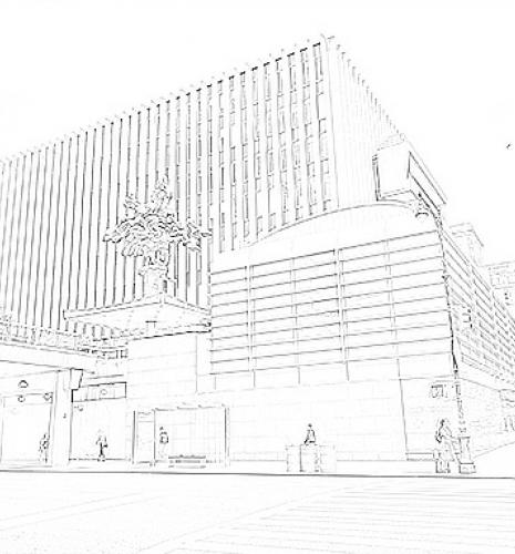 A line art drawing of Jerome Greene Hall as seen from Amsterdam Avenue, for coloring in