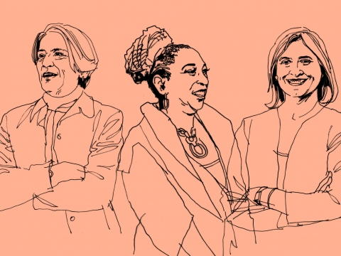 A line drawing of professors Elizabeth Scott, Kimberlé Crenshaw, and Colleen Shanahan