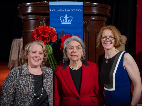 2015 Medal for Excellence recipients Roberta A. Kaplan '91 and U.S. Senior District Judge Miriam Goldman Cedarbaum ’53 with Dean Gillian Lester, right
