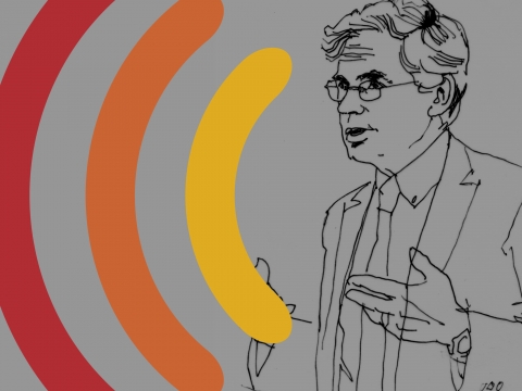Illustration of Professor Michael Gerrard next to red, orange, and yellow arched lines
