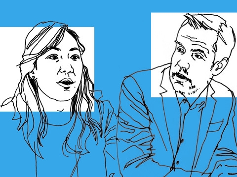 Line drawings of Kate Waldock and Professor Eric Talley
