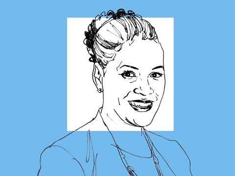 Line drawing of alumna Anne Robinson with blue background