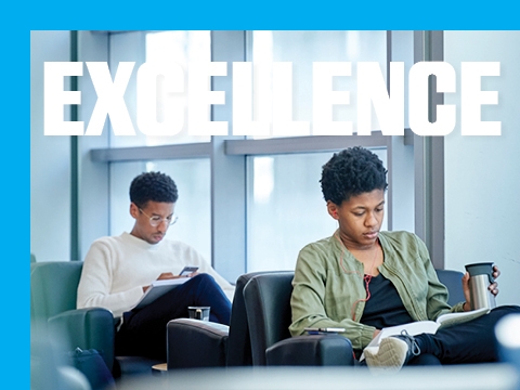 The word EXCELLENCE superimposed over a picture of two students studying