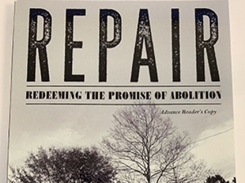 Book cover of Repair: Redeeming the Promise of Abolition, featuring a Black woman next to a small cabin.