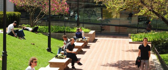 Students studying on benches in spring