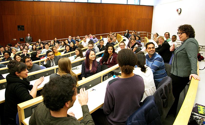 Justice Sonia Sotomayor speaks with students in a lecture hall.