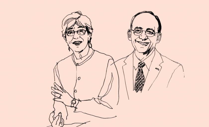 A line drawing of professors Susan Sturm and Philip Genty