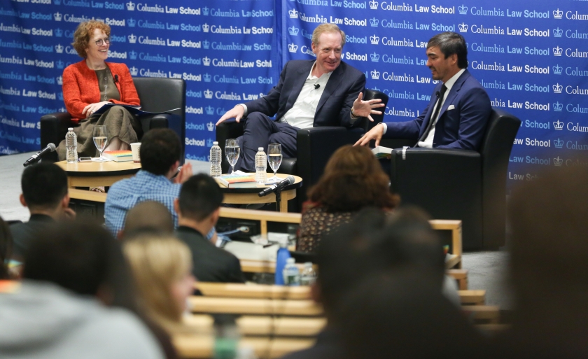 Dean Gillian Lester, Microsoft President Brad Smith '84, and Professor Tim Wu discuss Smith's new book on October 1 at the Law School, as part of the Dean's Distinguished Lecture Series.