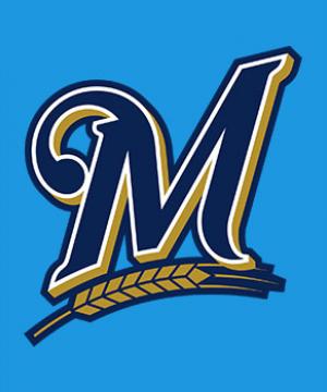 Milwaukee Brewers logo, a letter M underlined with a blade of wheat.