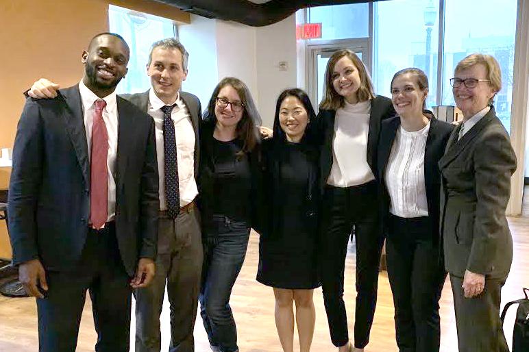 Members of the Challenging the Consequences of Mass Incarceration Clinic after their day in court. (Left to right) Caleb King ’20, Tyler Finn ’19, Mary Marshall ’20, Sarah Hong ’20, Hayley Malcolm ’19, Ruth O'Herron ’19, and Professor Brett Dignam.