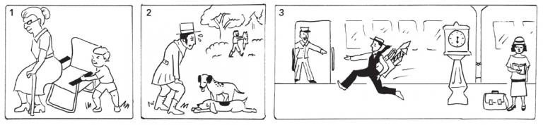 In panel 1, a little boy removes a chair from a woman about to sit down. In panel 2, a man with dogs see another man carrying away a fox. In panel 3, a man carrying a parcel of fireworks runs on a train platform.