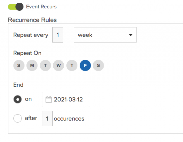 A green toggle that says event recurs is pushed to the right, below which is a chart that says recurrence rules
