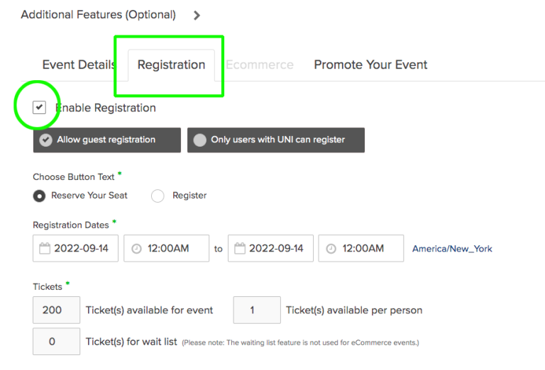 Registration and enable registration buttons checked