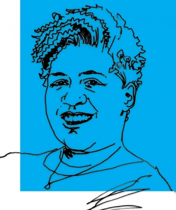 Line art drawing of Professor Lynnise Pantin on a blue background