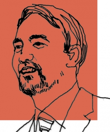 Line art drawing of Professor Tim Wu on an orange background