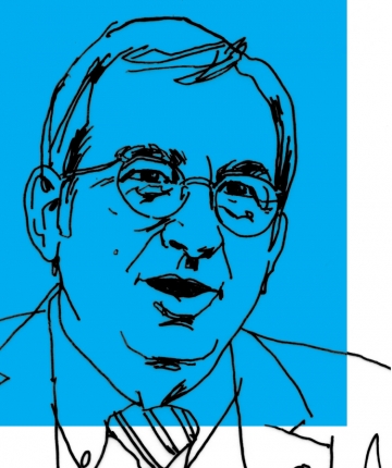 Line art drawing of Professor Petros Mavroidis on a blue background
