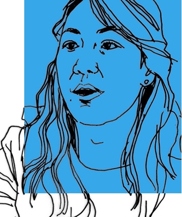 Line drawing of Millstein Center Research Fellow Kate Waldock with long hair