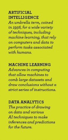 ARTIFICIAL INTELLIGENCE: An umbrella term, coined in 1956, for a wide variety of techniques, including machine learning, that rely on computers and data to perform tasks associated with humans. MACHINE LEARNING: Advances in computing that allow machines to comb large datasets and draw conclusions without a strict series of instructions. DATA ANALYTICS: The practice of drawing on data and various AI techniques to make inferences and predictions for the future.