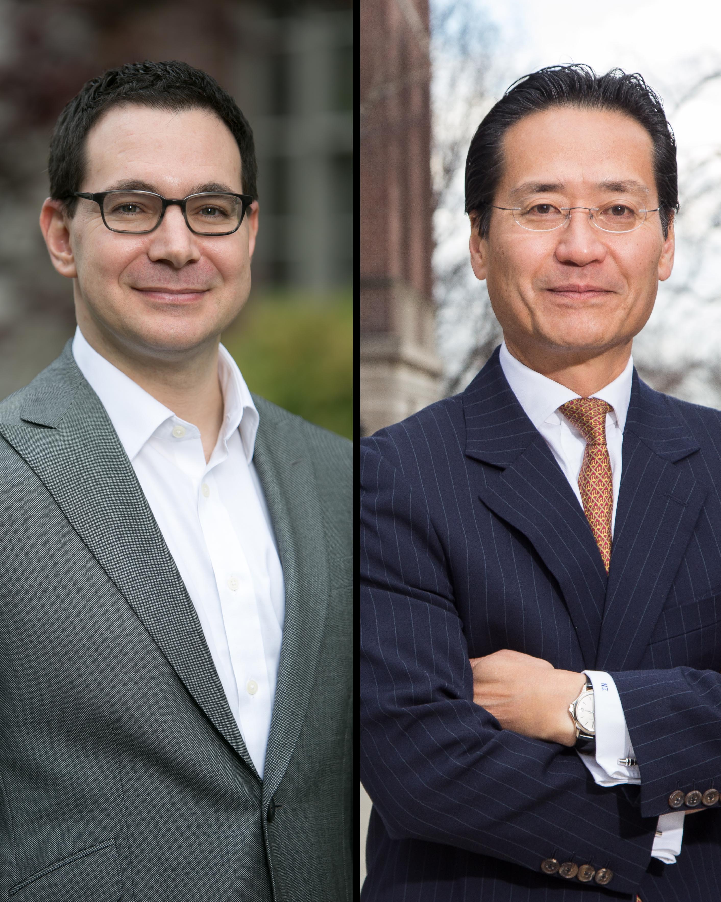 Double portrait of dark haired men in suit jackets and white shirts