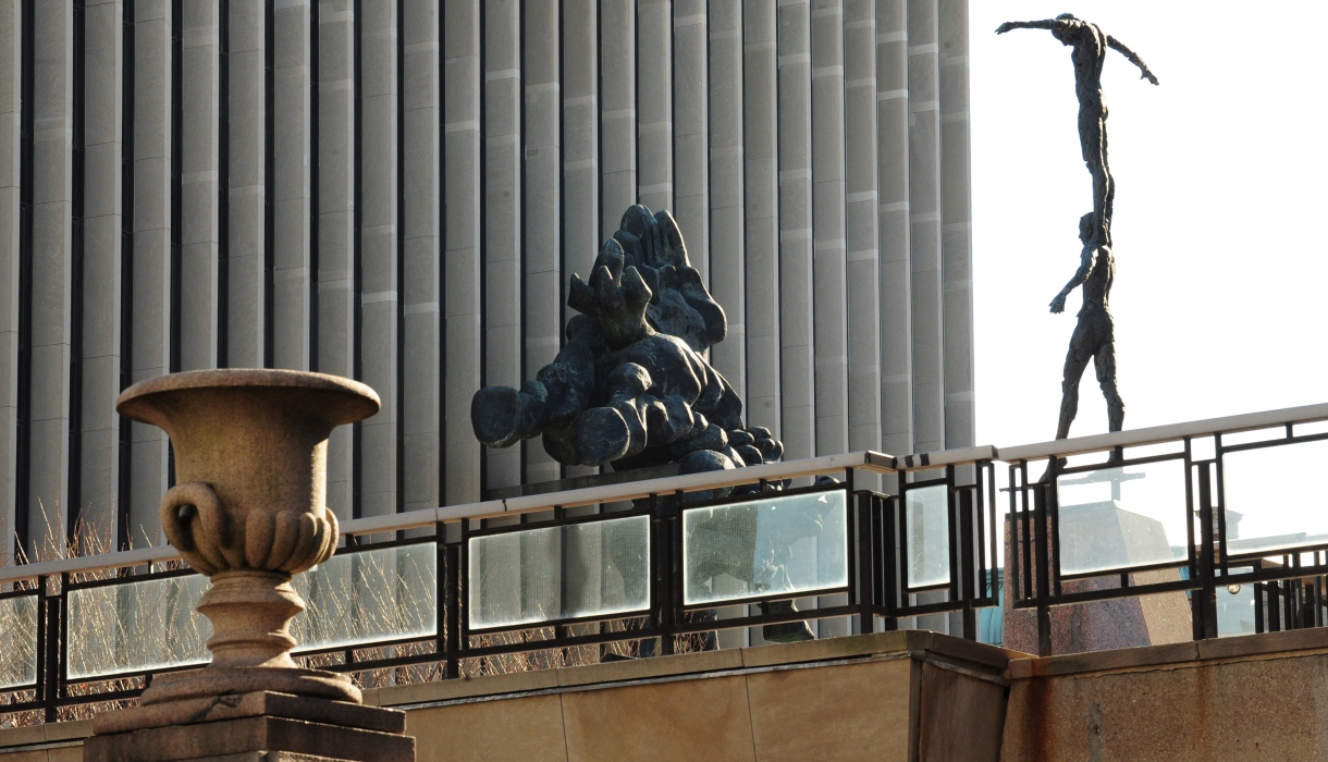 Sculptures outside of Jerome Greene Hall