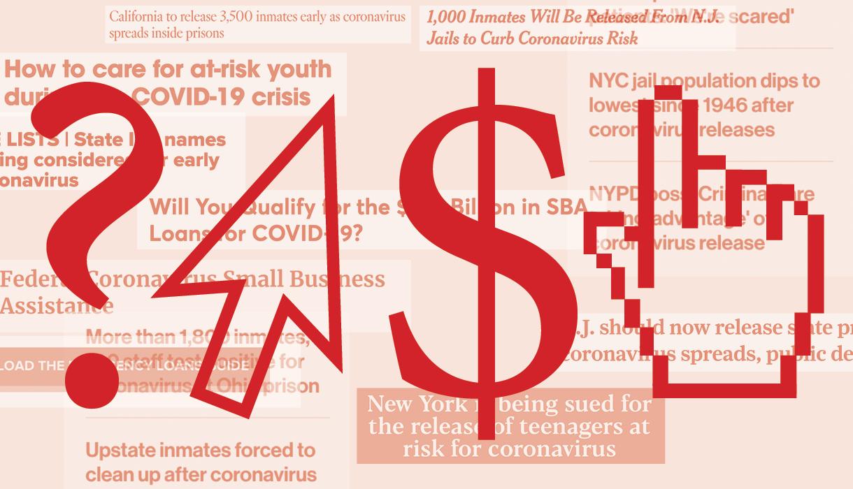 Graphic showing question mark, arrow, dollar sign, pointing finger over headlines about helping people affected by COVID-19