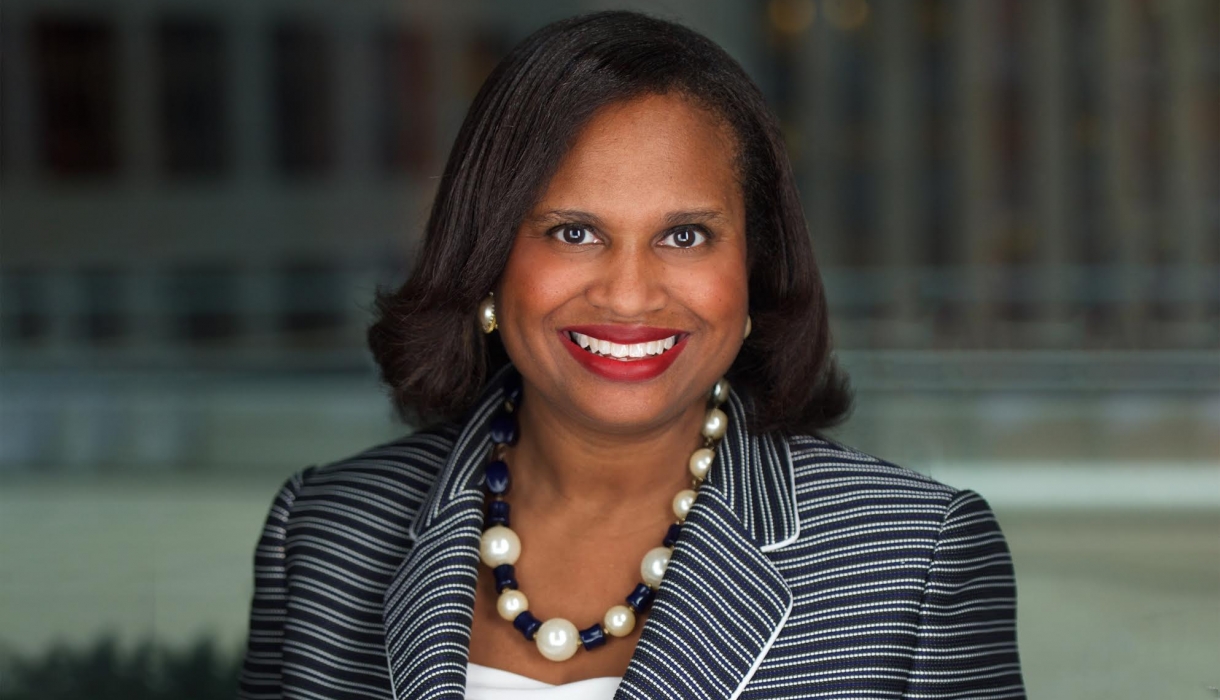 New York City Bar president Sheila Boston in a striped blazer and chunky necklace