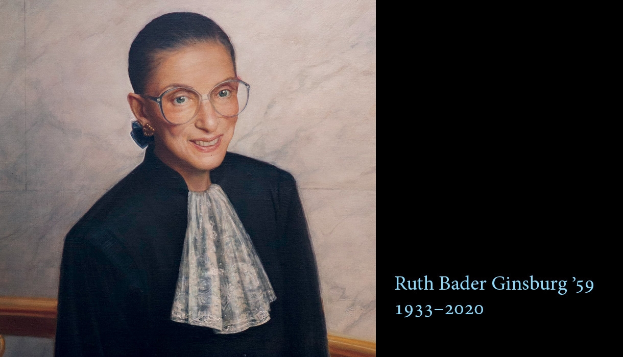 A portrait of Ruth Bader Ginsburg that reads "Ruth Bader Ginsburg '59 1933-2020"