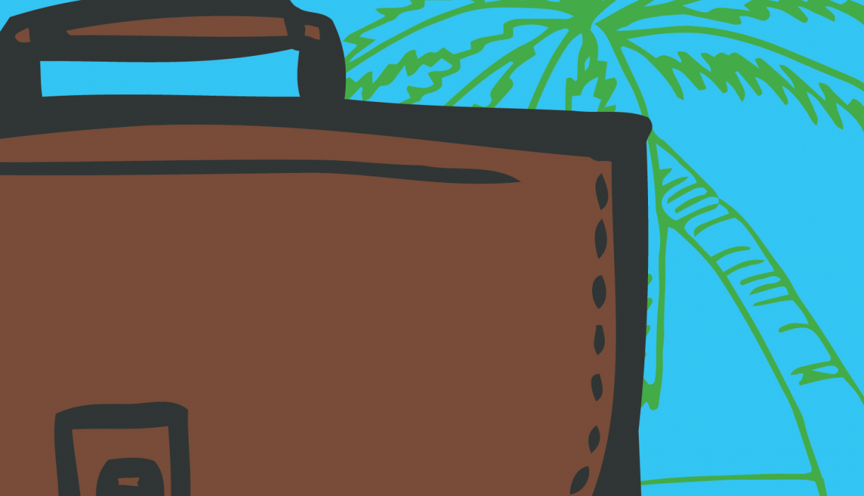 Illustrated brief case in front of a palm tree