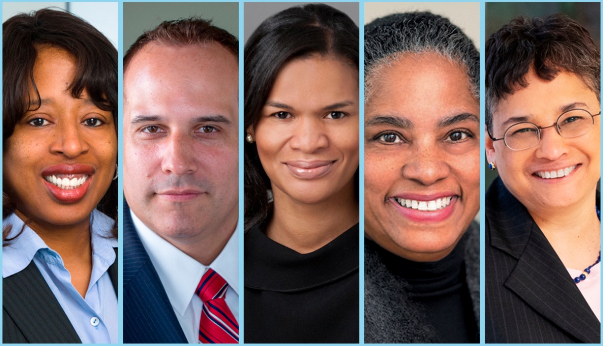 Headshot collage of four women and one man