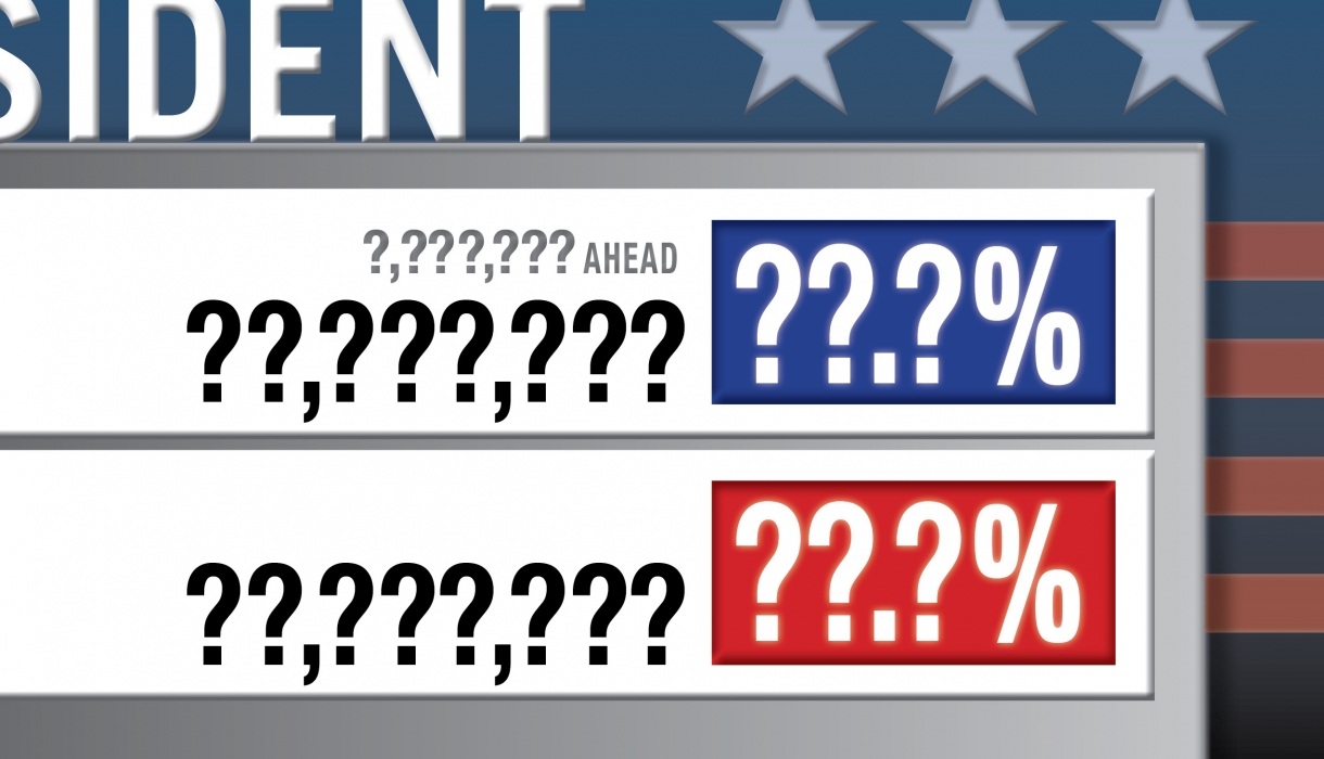 Election night vote-count graphic with question marks instead of numbers