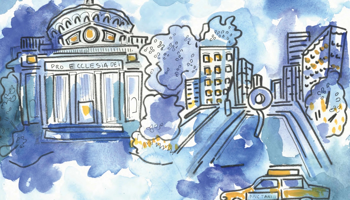 Watercolor painting of Low Library, Revson Plaza, and yellow cab by Lindsey Jones