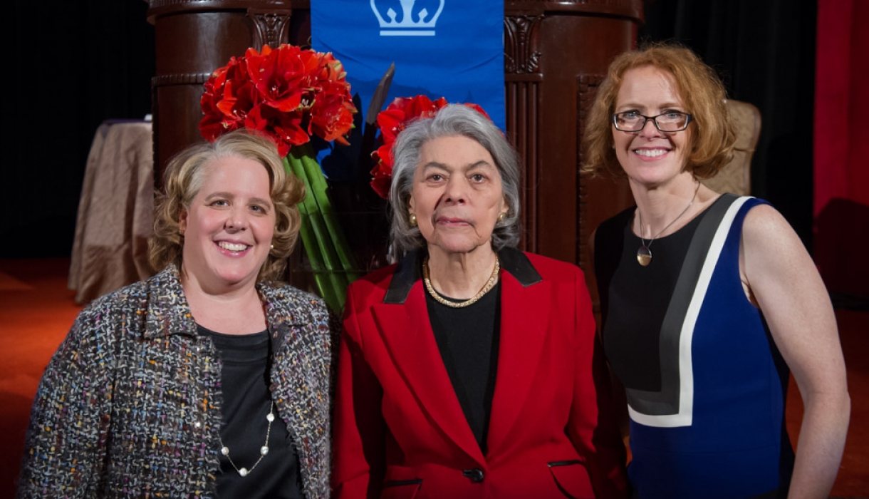 2015 Medal for Excellence recipients Roberta A. Kaplan '91 and U.S. Senior District Judge Miriam Goldman Cedarbaum ’53 with Dean Gillian Lester, right