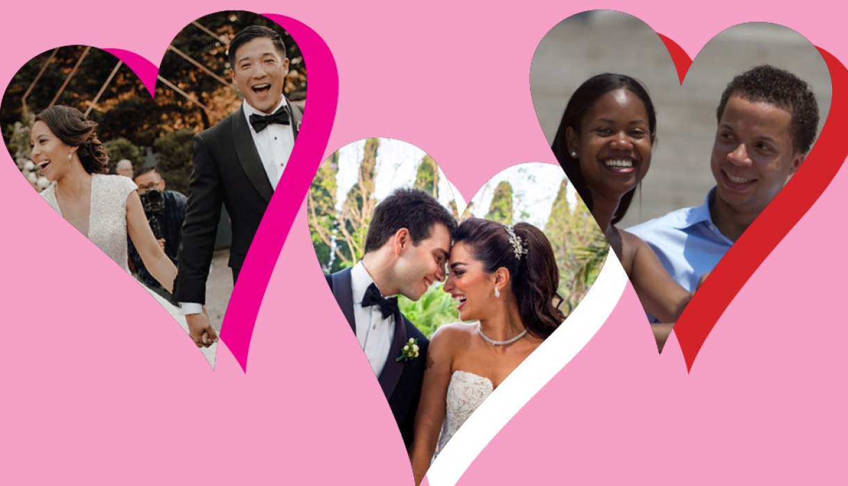 Three photos of couples in heart shaped frames on pink background