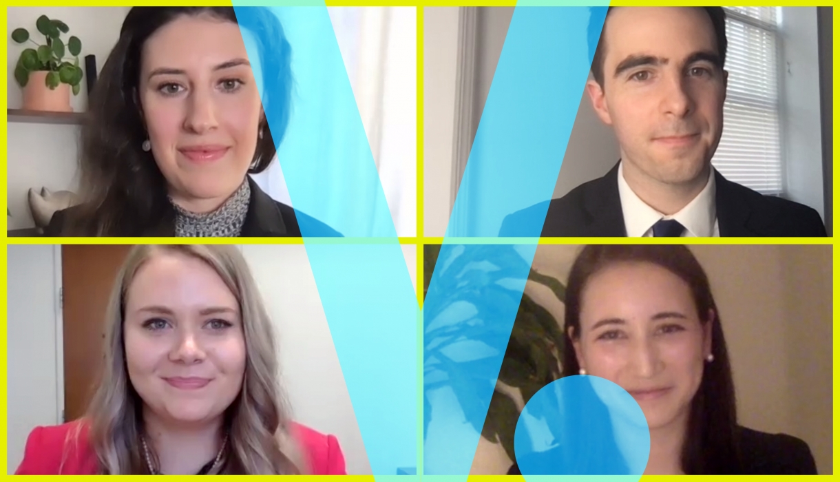 2021 Harlan Fiske Stone Moot Court Competitors on Zoom with a blue V superimposed