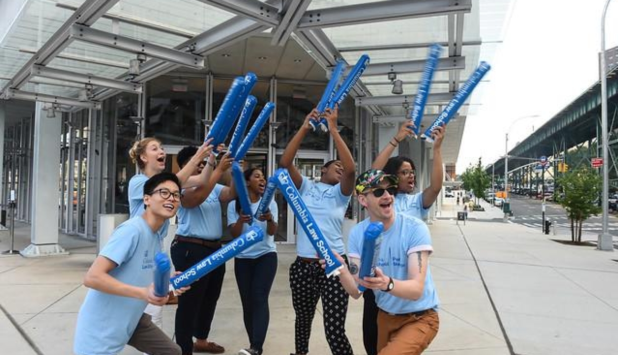 Columbia Law student leaders cheering new first-year law students