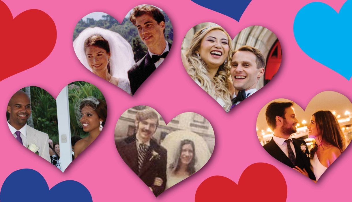 Five heart-shaped photos of five heterosexual couples