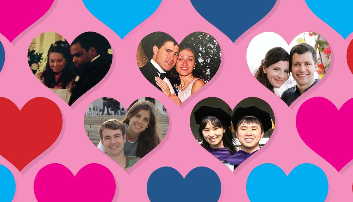 Photos of five couples surrounded by hearts