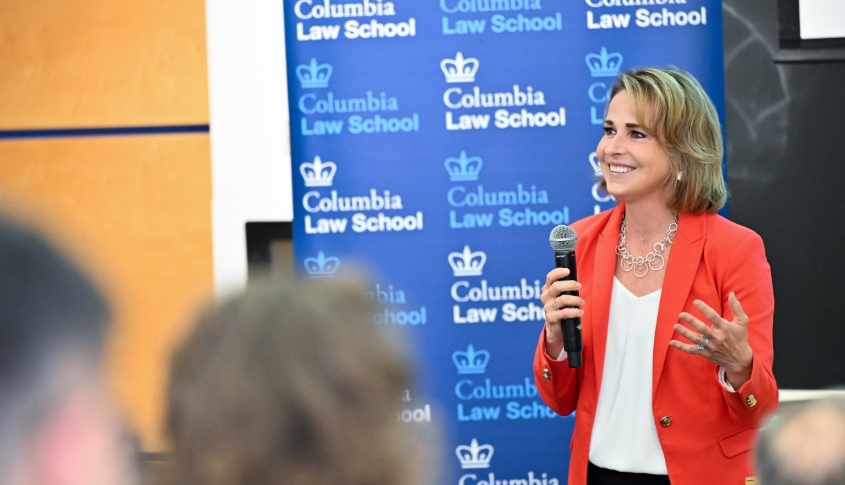 Anna Morawiec Mansfield speaking in Columbia Law School classroom