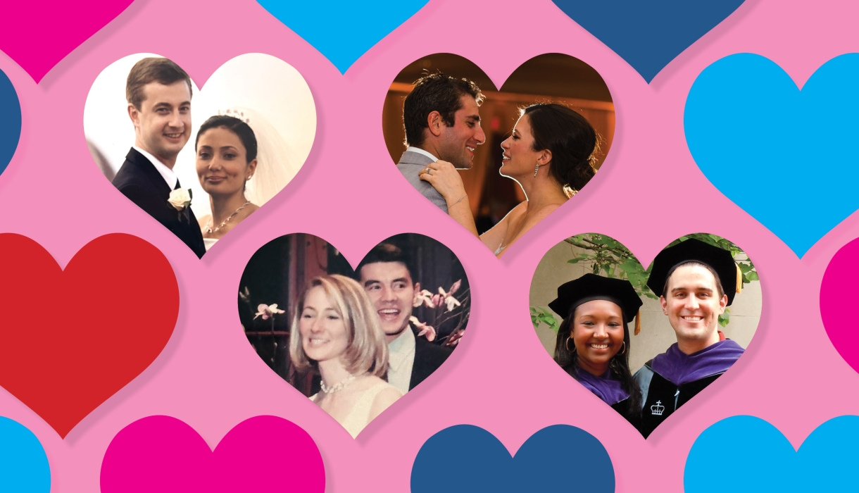 Photos of four male-female couples inset in heart shamed "frames" on pink bacground