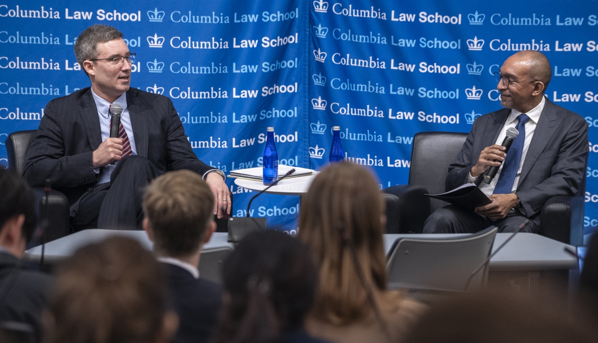 Judge Brian E. Murphy (left) in conversation with Dean Daniel Abebe (right)